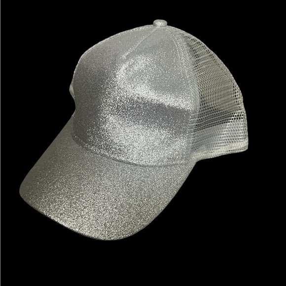 Glitter Ponytail Baseball Cap Silver Mesh High Bun Trucker Hat Adjustable - Picture 5 of 13